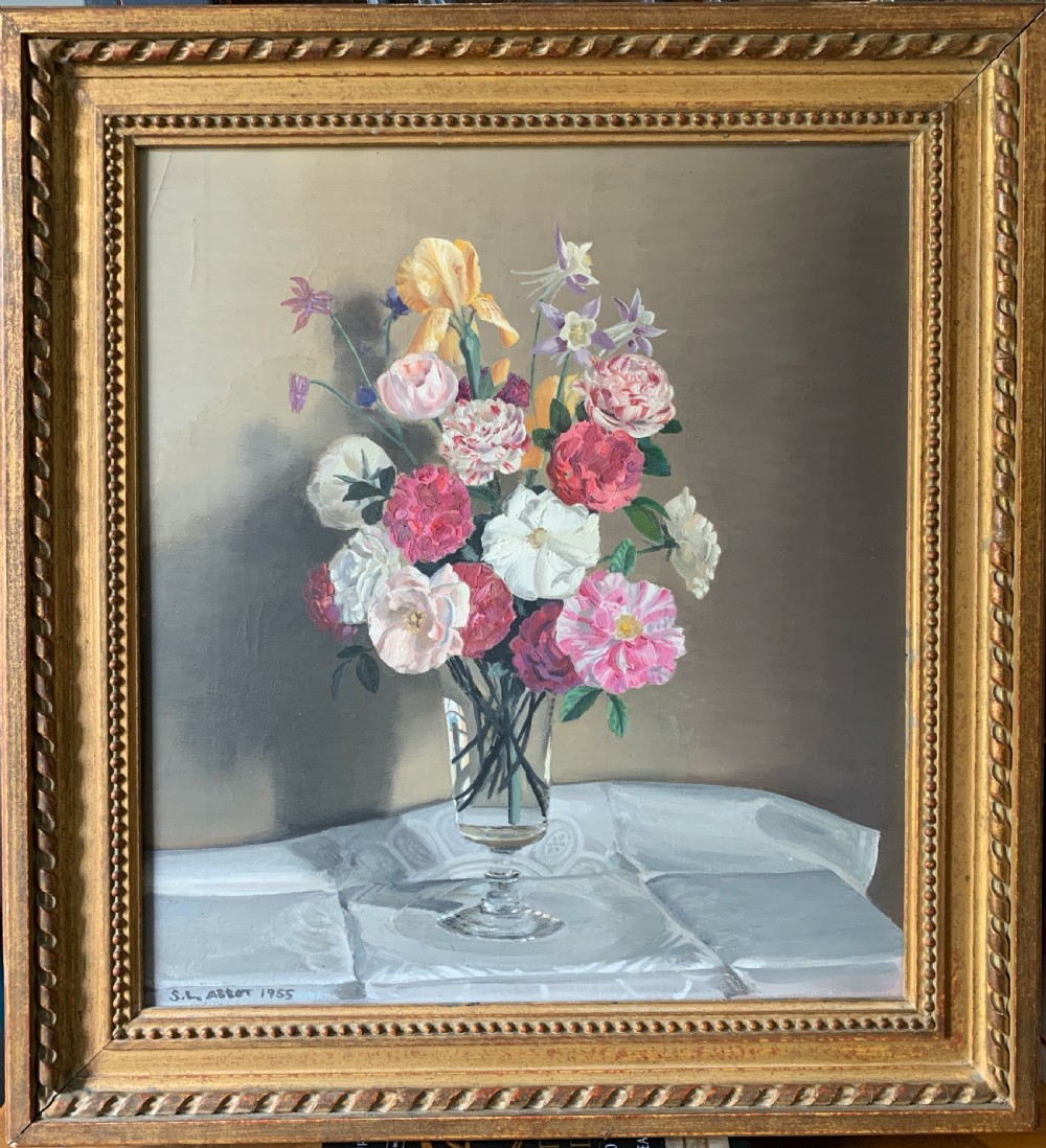 Still life of summer flowers in a glass, oil on canvas signed S.L. Abbot dated 1955