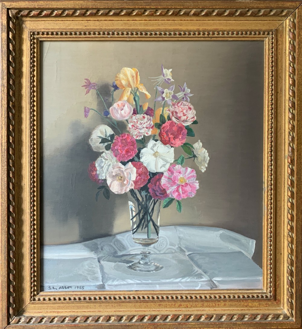 Still life of summer flowers in a glass, oil on canvas signed S.L. Abbot dated 1955 View II