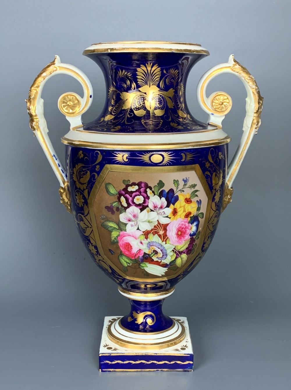 Bloor Derby porcelain twin handled vase painted with flowers 