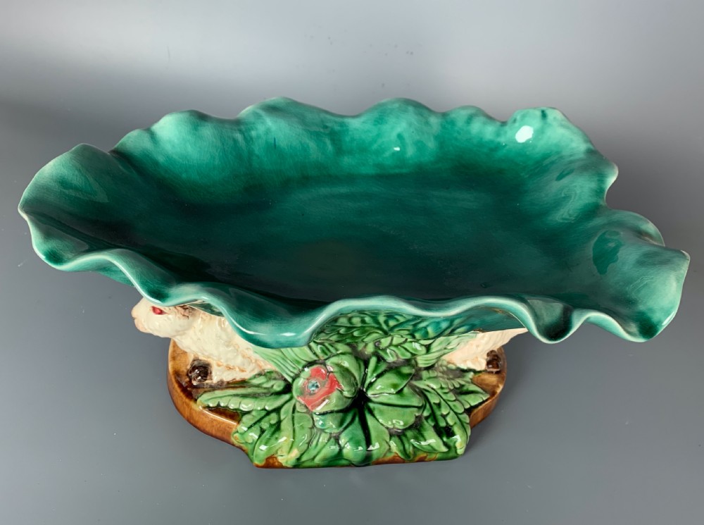 Continental majolica centrepiece in the form of two rabbits View II