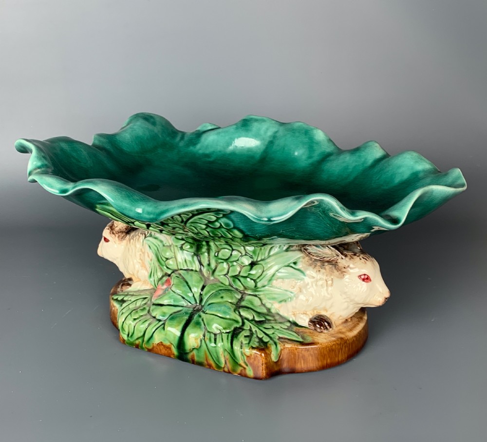 Continental majolica centrepiece in the form of two rabbits View V