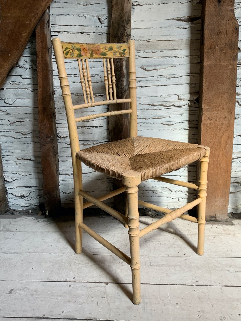 Pair of Regency painted  faux bamboo rush seated chairs View IV