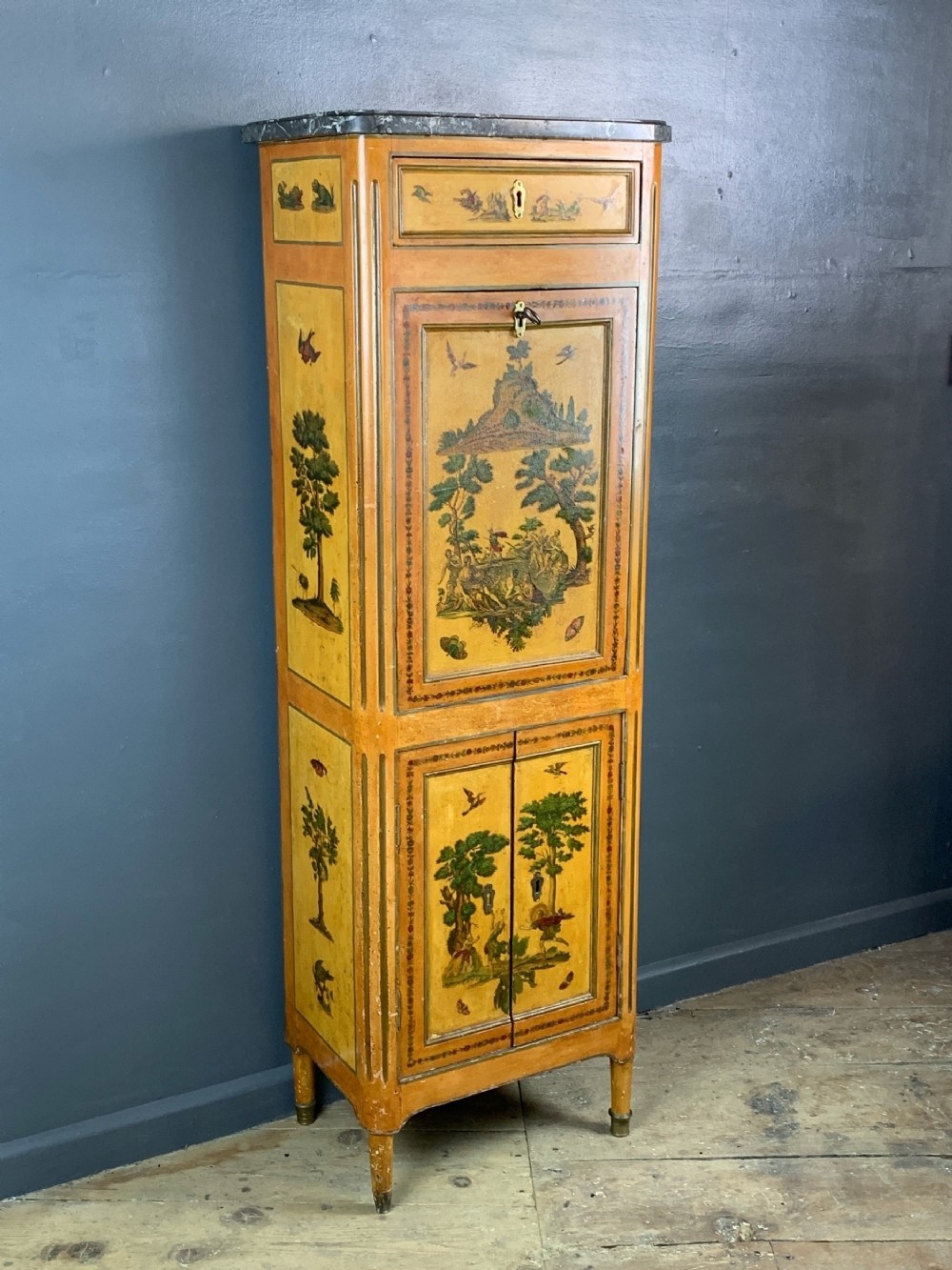 French early 19th century lacquered decoupage decorated secretaire