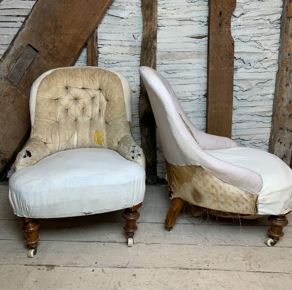Pair of Victorian button back iron framed chairs for re-upholstery View II