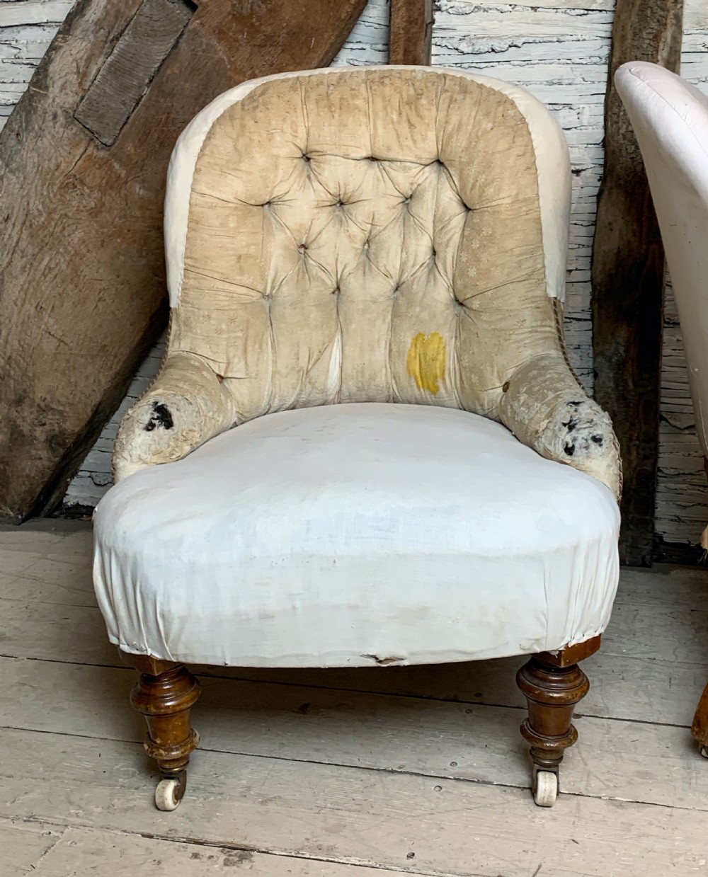 Pair of Victorian button back iron framed chairs for re-upholstery View IV