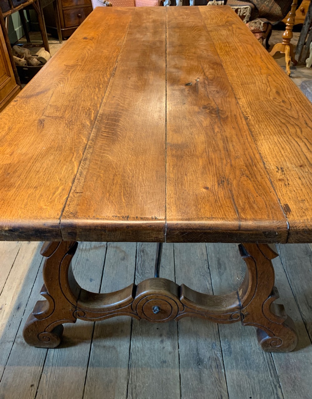 Spanish oak refectory dining table with iron stretchers View IV