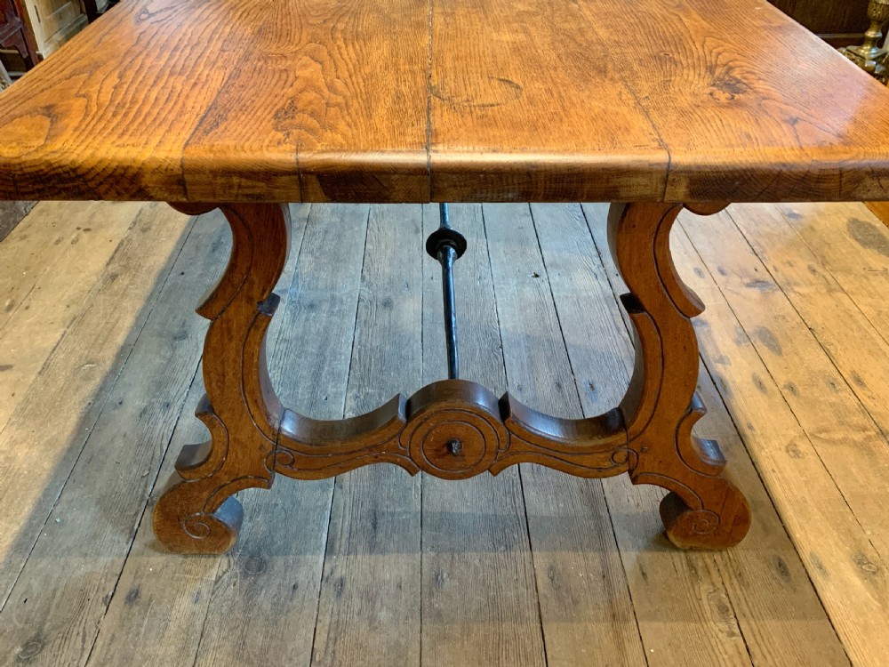 Spanish oak refectory dining table with iron stretchers View VIII