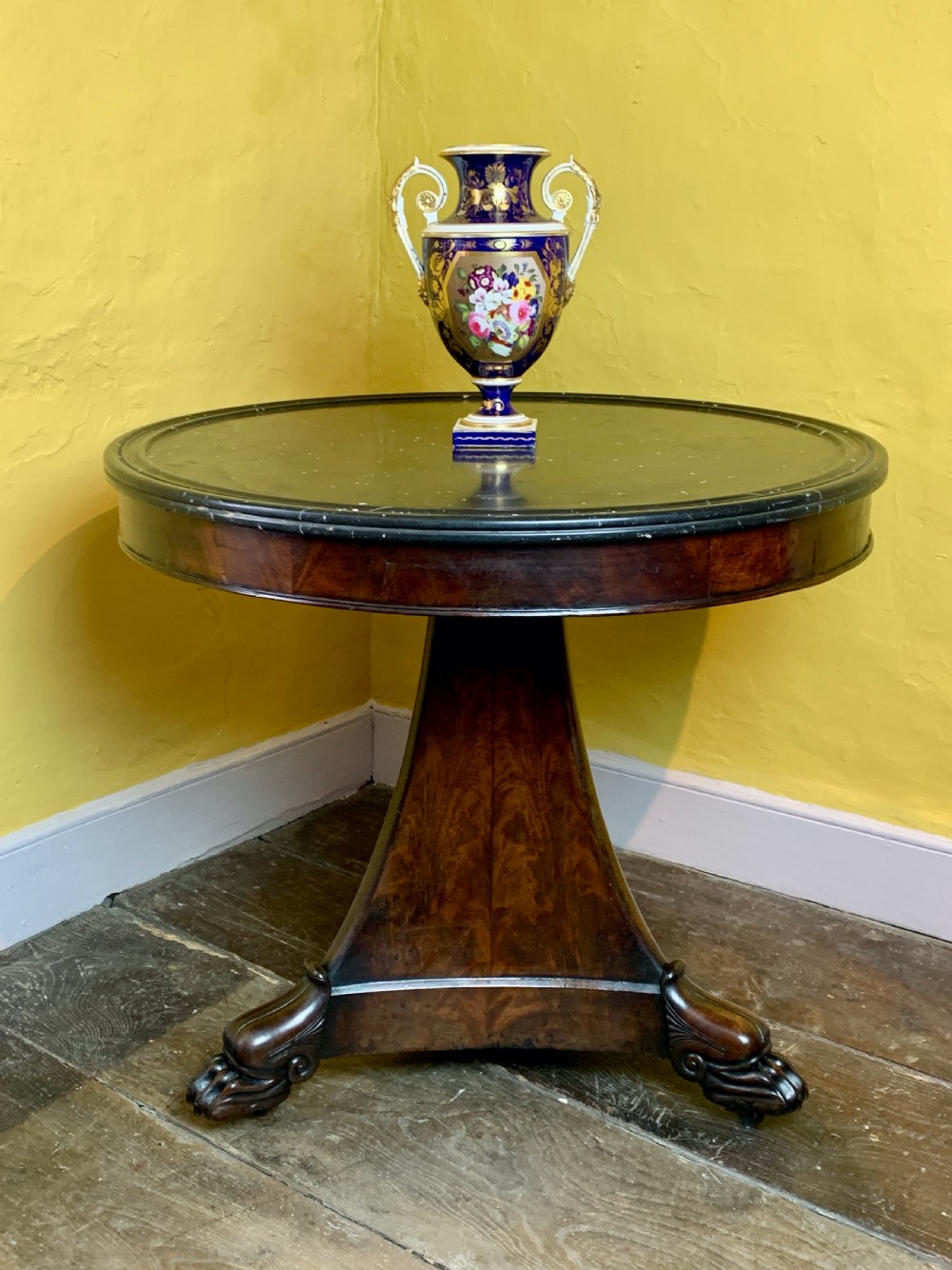 French Charles X marble top mahogany gueridon centre table View II