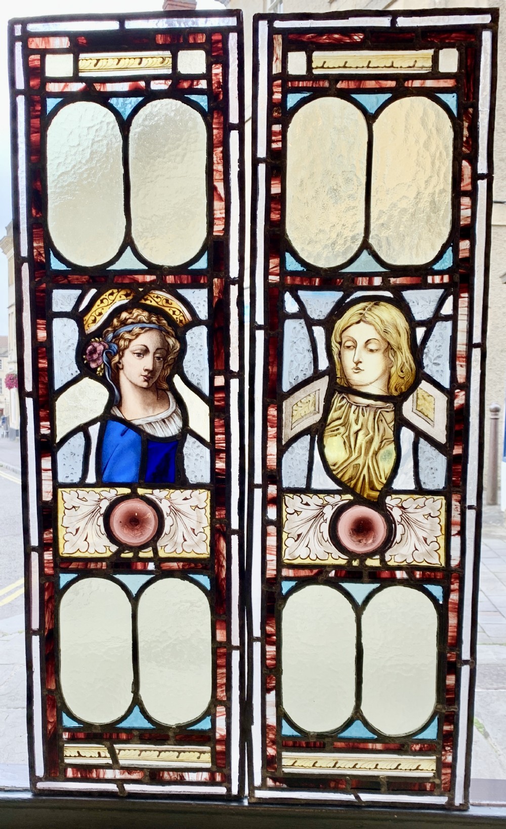 Pair of Victorian architectural stained glass panels