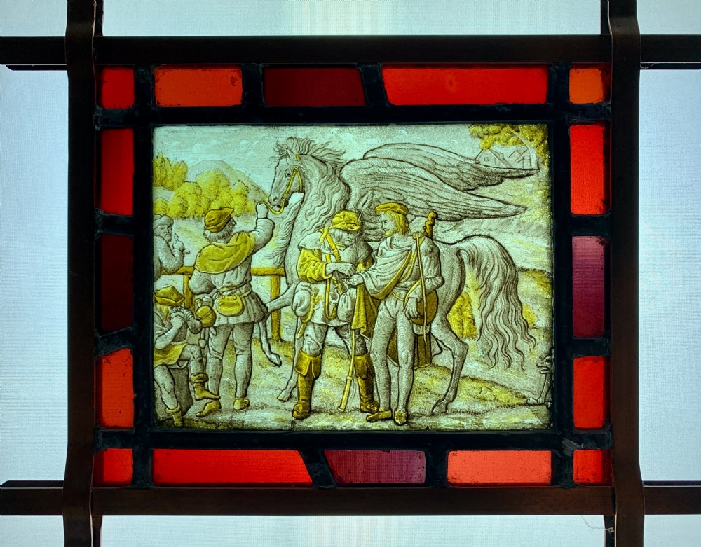 Dutch 18th century allegorical stained glass panel of Pegasus