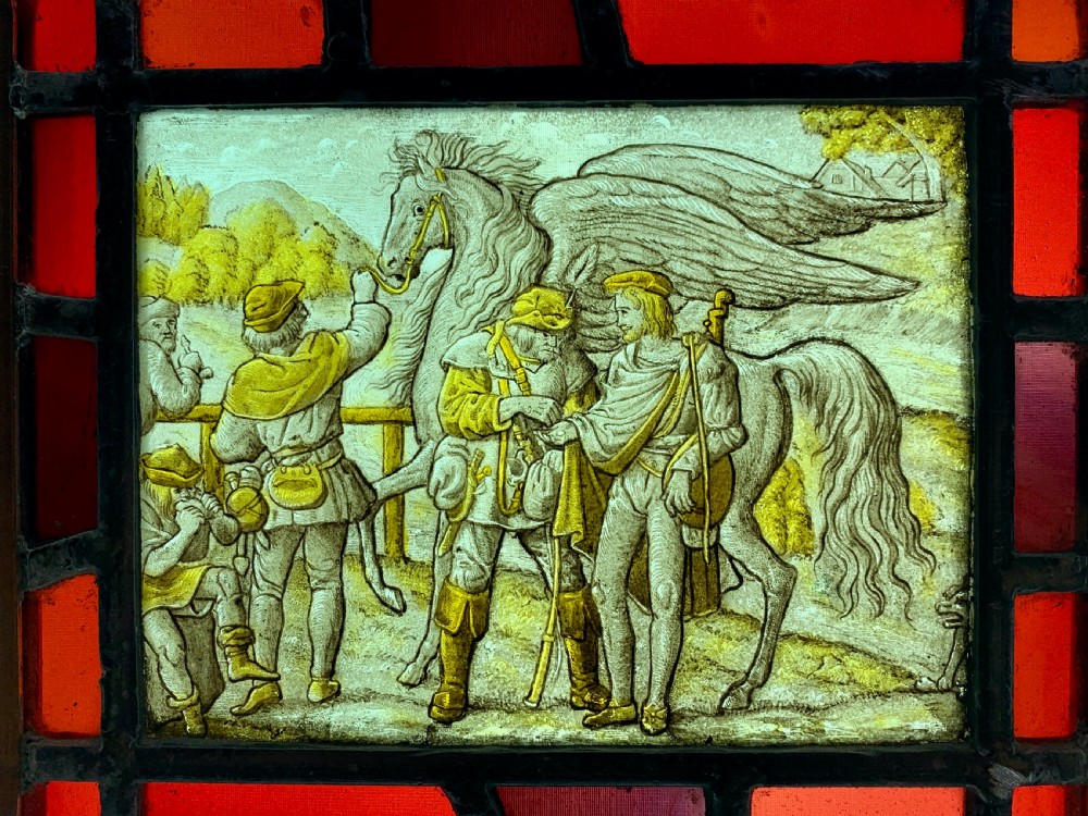 Dutch 18th century allegorical stained glass panel of Pegasus View II