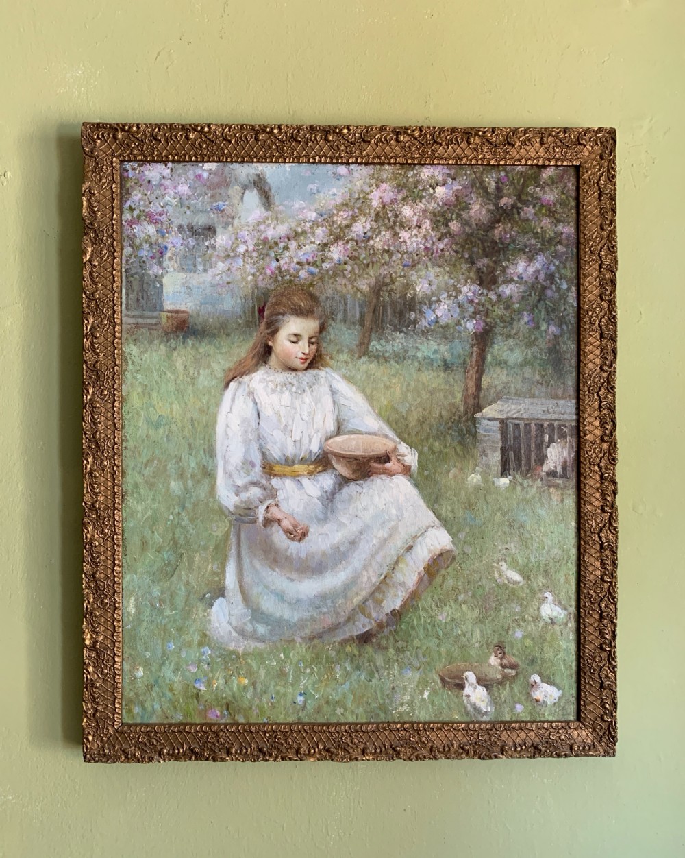 British School, Young girl feeding ducklings in a garden, oil on canvas View II