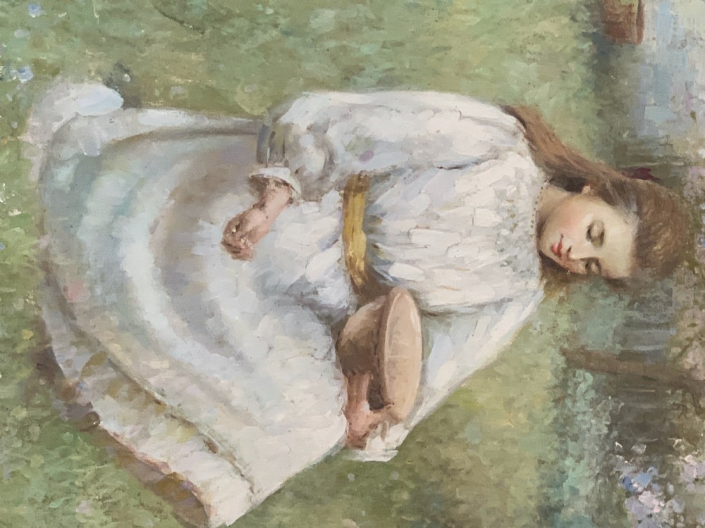 British School, Young girl feeding ducklings in a garden, oil on canvas View III