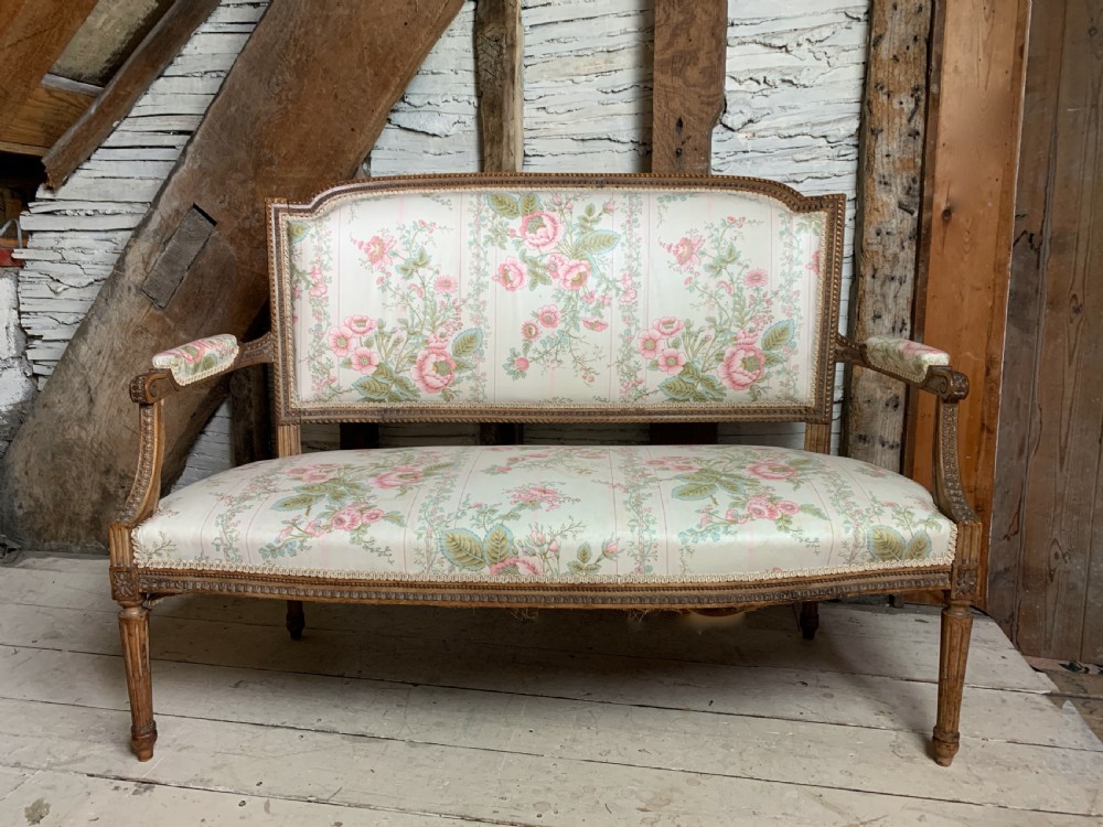French two seat canape sofa in Louis XVI style with foliate carved frame