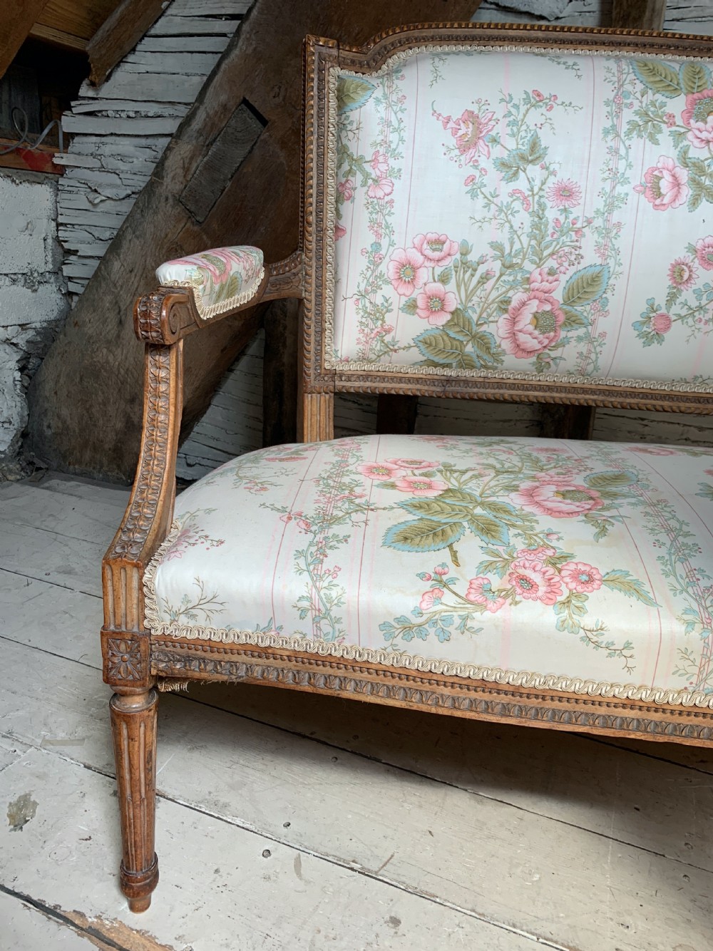 French two seat canape sofa in Louis XVI style with foliate carved frame View II