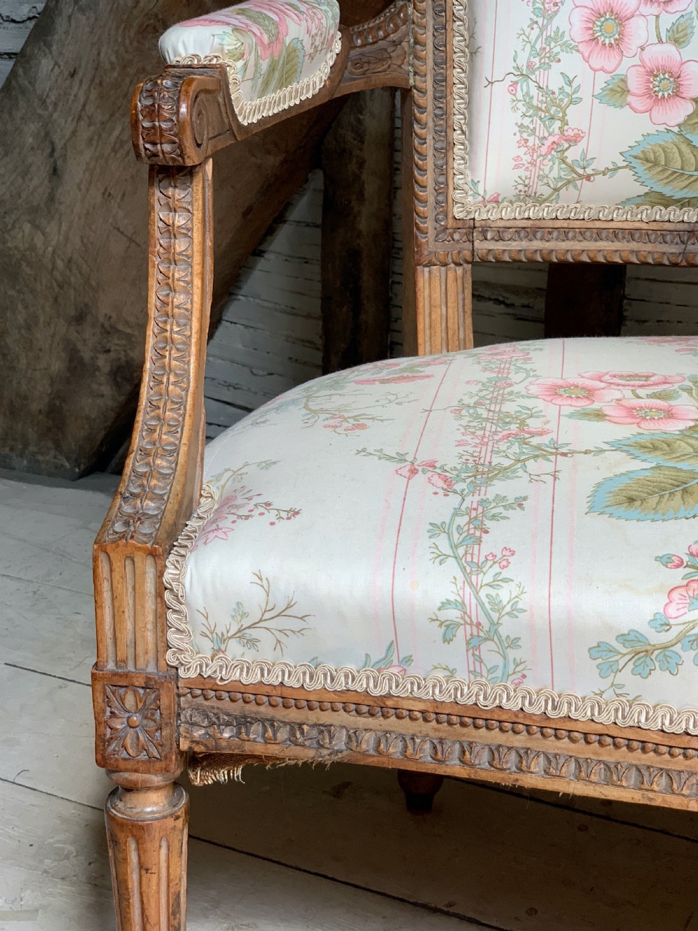 French two seat canape sofa in Louis XVI style with foliate carved frame View III