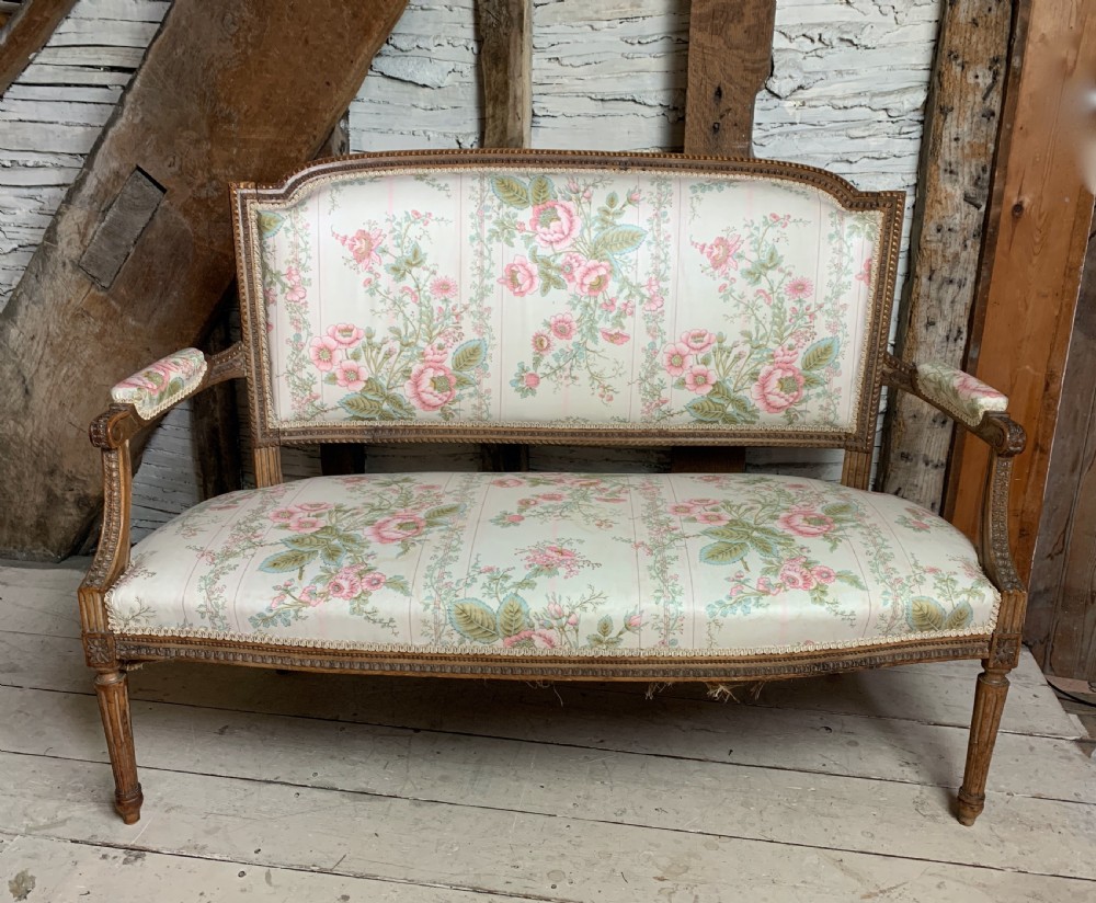French two seat canape sofa in Louis XVI style with foliate carved frame View IV