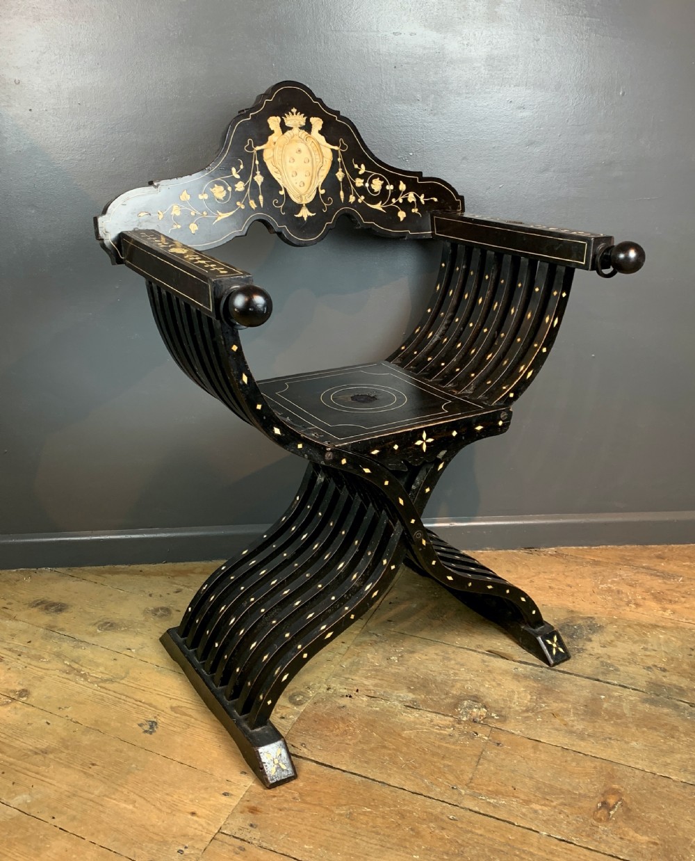 Antique Italian Milanese Ebonised & Inlaid Savonarola Chair