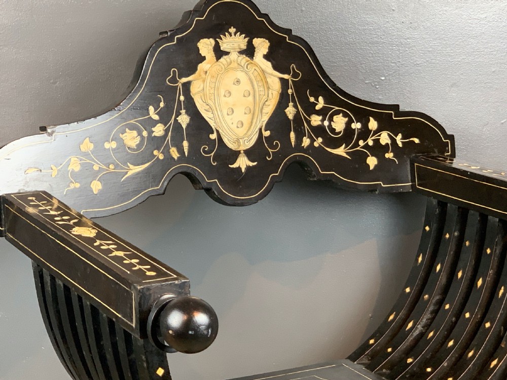 Antique Italian Milanese Ebonised & Inlaid Savonarola Chair View III
