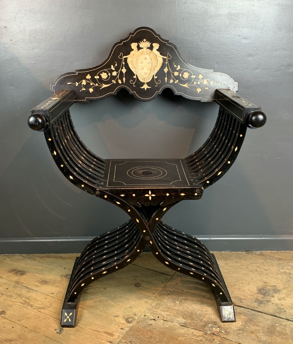 Antique Italian Milanese Ebonised & Inlaid Savonarola Chair View V