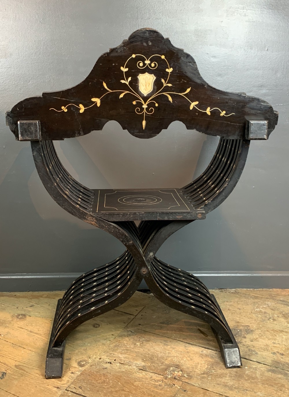 Antique Italian Milanese Ebonised & Inlaid Savonarola Chair View VI