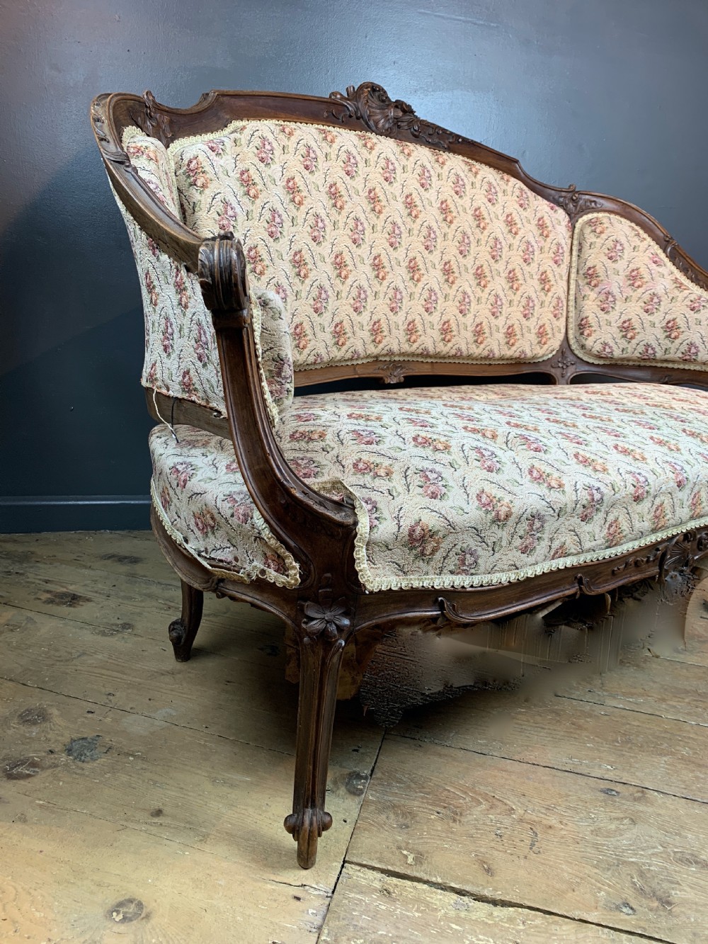 Antique French walnut two seat sofa in Louis XV style View V