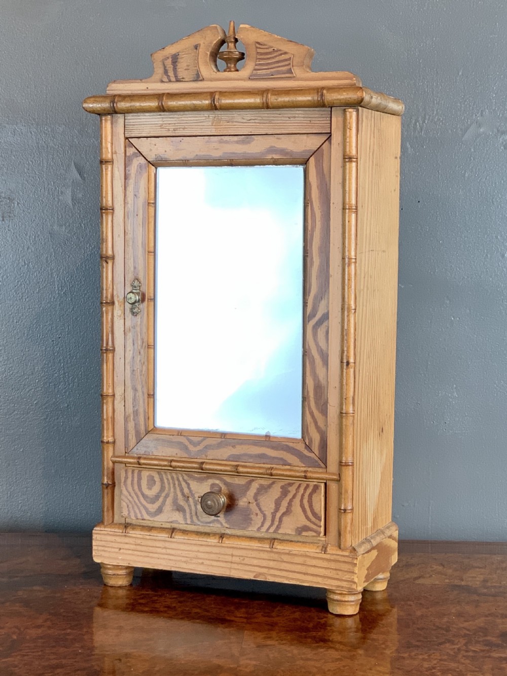 Antique French faux bamboo & pitch pine doll's armoire