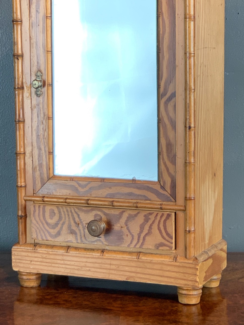 Antique French faux bamboo & pitch pine doll's armoire View II