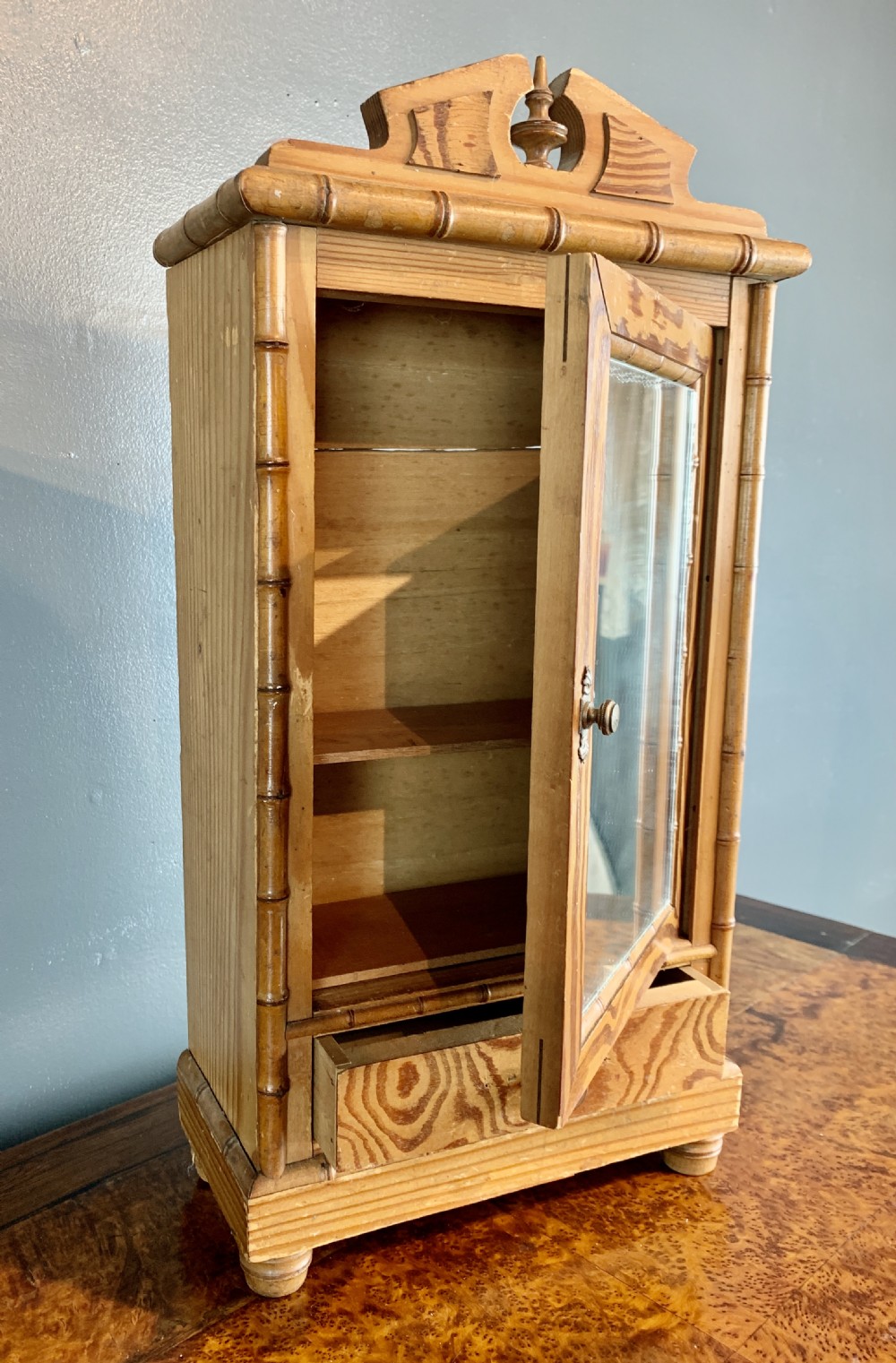 Antique French faux bamboo & pitch pine doll's armoire View IV