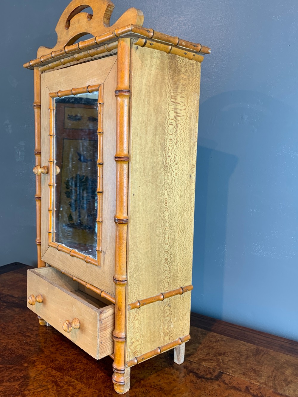 Antique French faux bamboo & pine doll's armoire View III