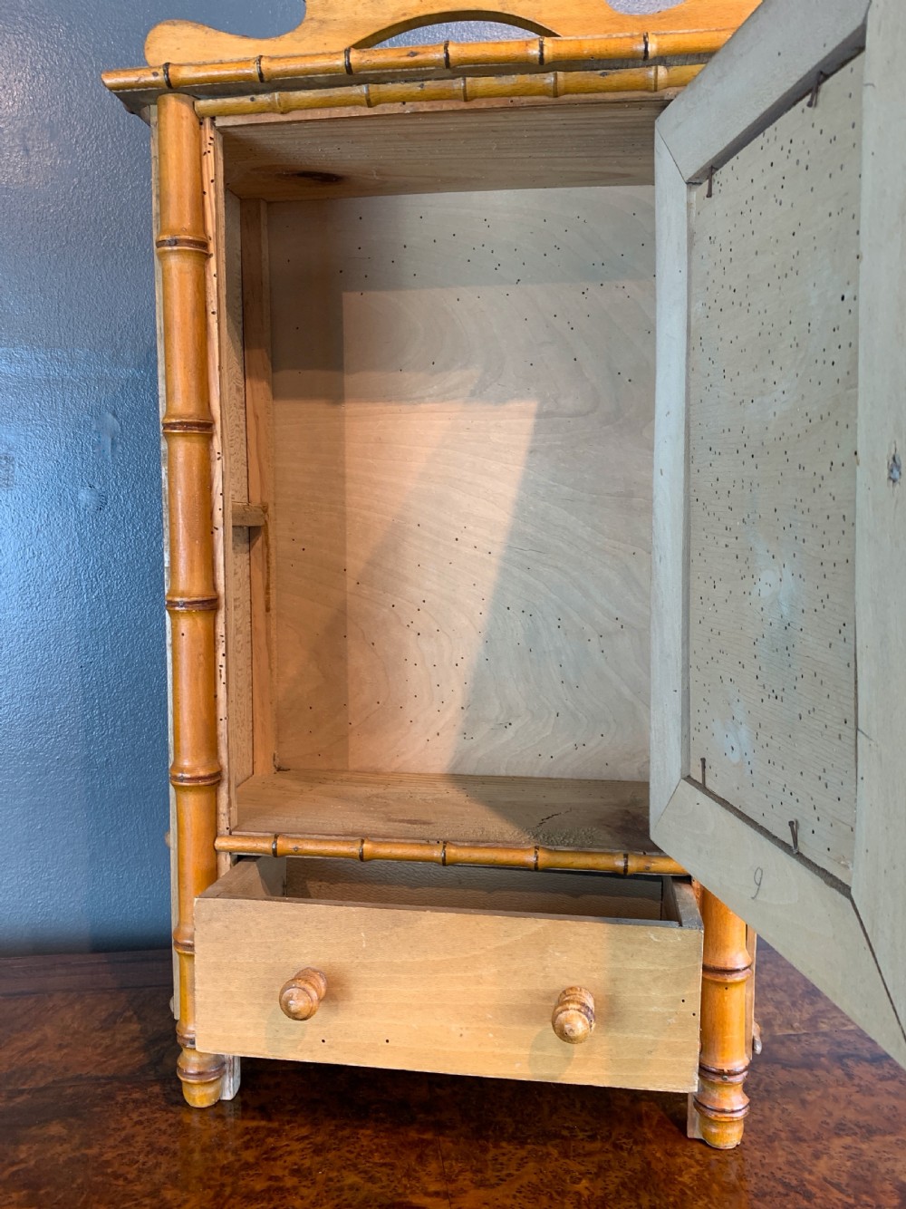 Antique French faux bamboo & pine doll's armoire View IV