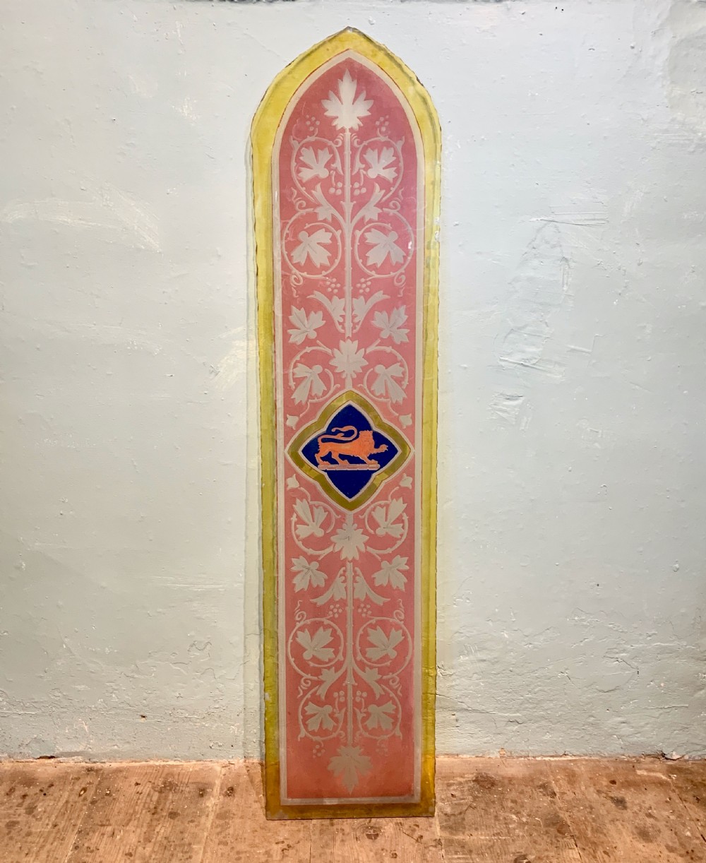 Victorian acid etched and enamelled stained glass window panel
