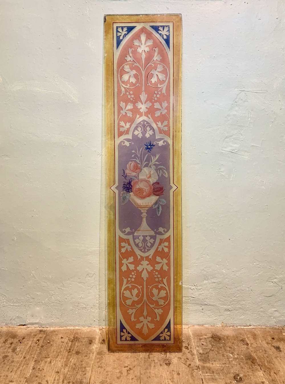 Victorian acid etched and enamelled stained glass window panel