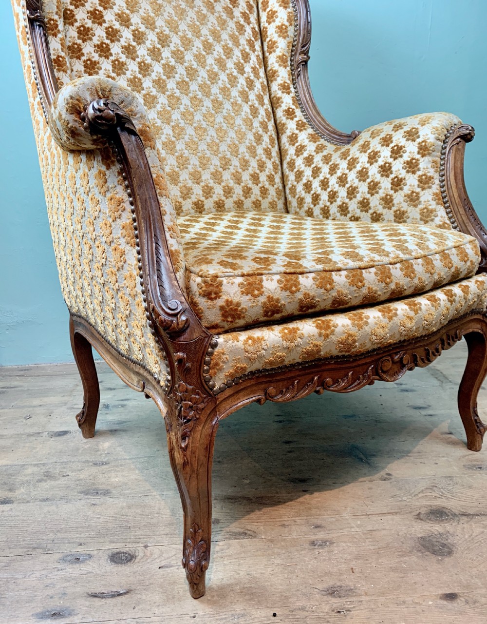 Antique French Louis XV revival wingback armchair of generous proportions View IV