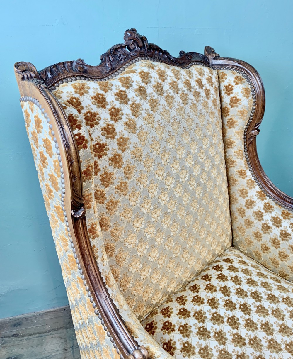 Antique French Louis XV revival wingback armchair of generous proportions View V