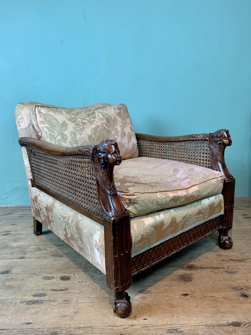 Pair of Edwardian bergere armchairs with angel carved arm terminals View VII