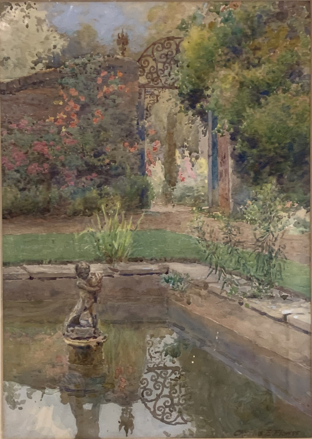 Charles Edwin Flower watercolour of a pond in a walled garden View II
