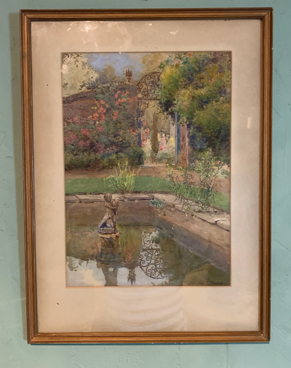 Charles Edwin Flower watercolour of a pond in a walled garden View III
