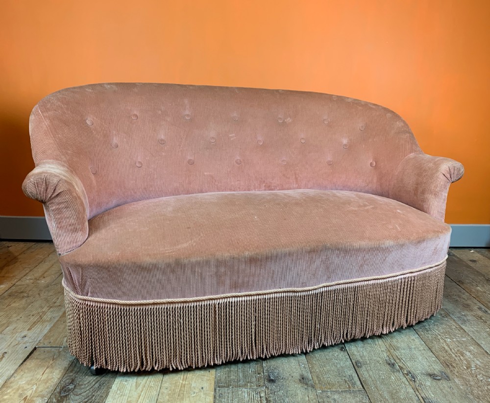 French Napoleon III two seat tub back sofa in pink corduroy View II