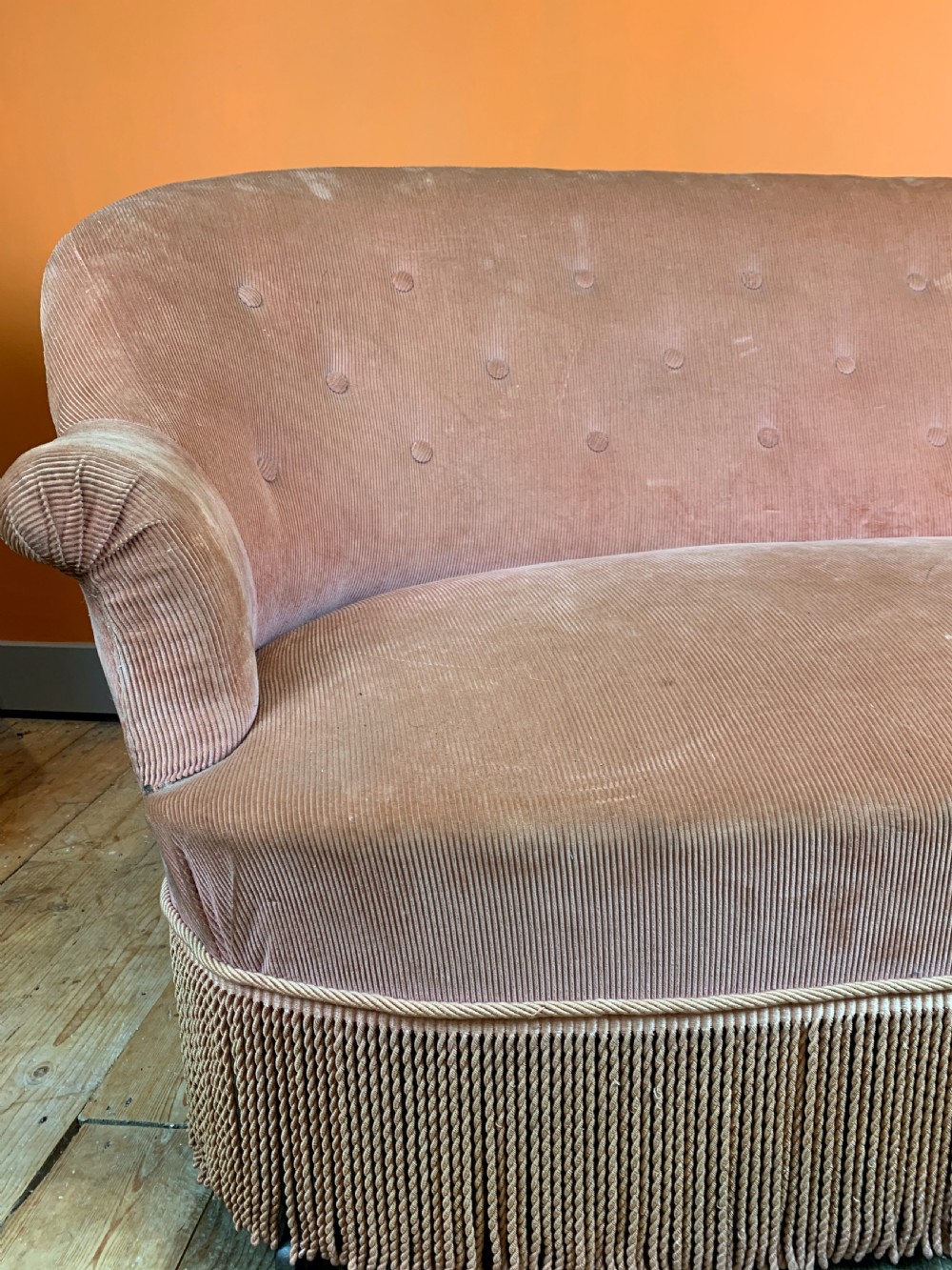 French Napoleon III two seat tub back sofa in pink corduroy View III