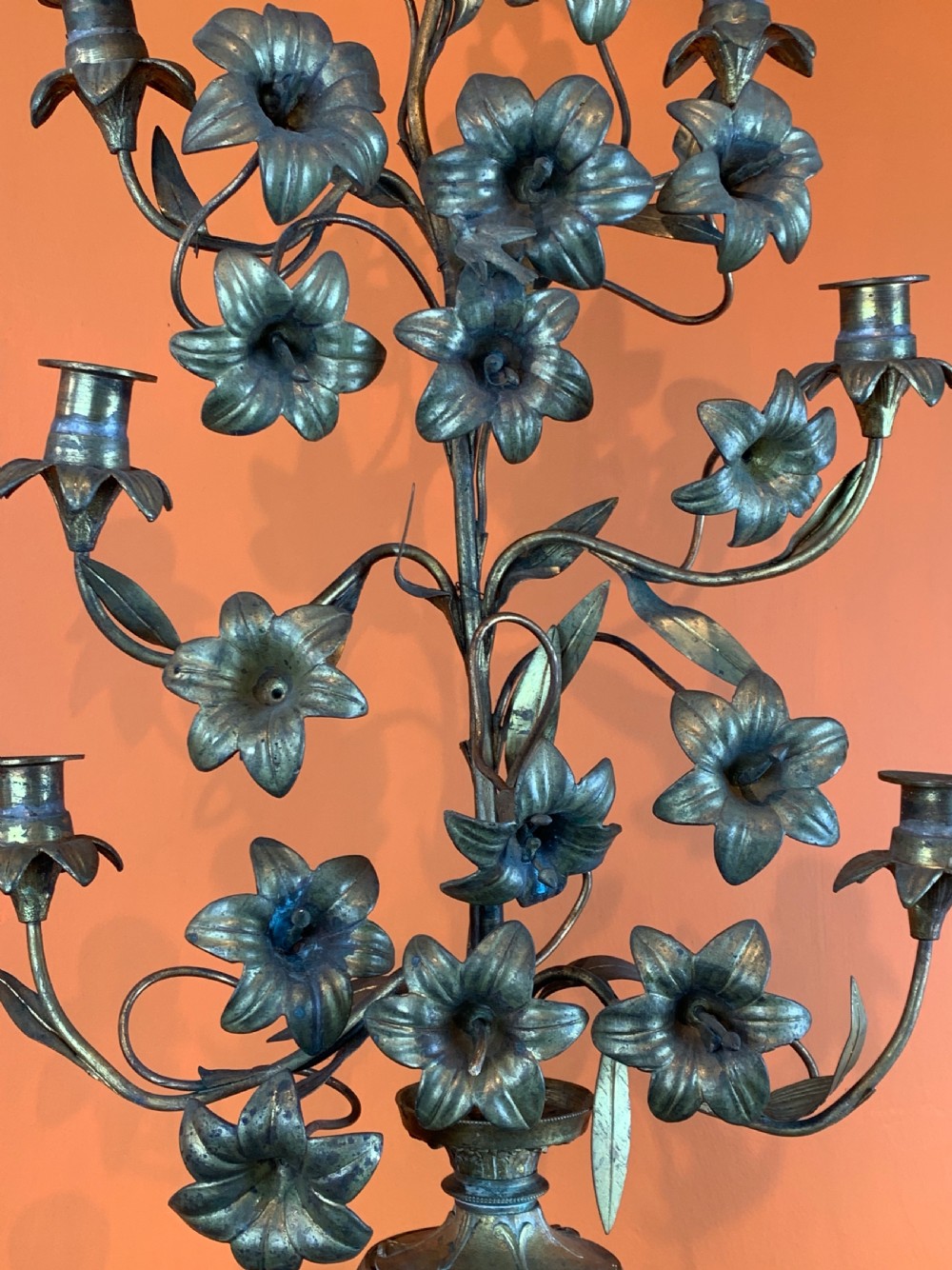 French gilt metal floral church altar candelabra View III