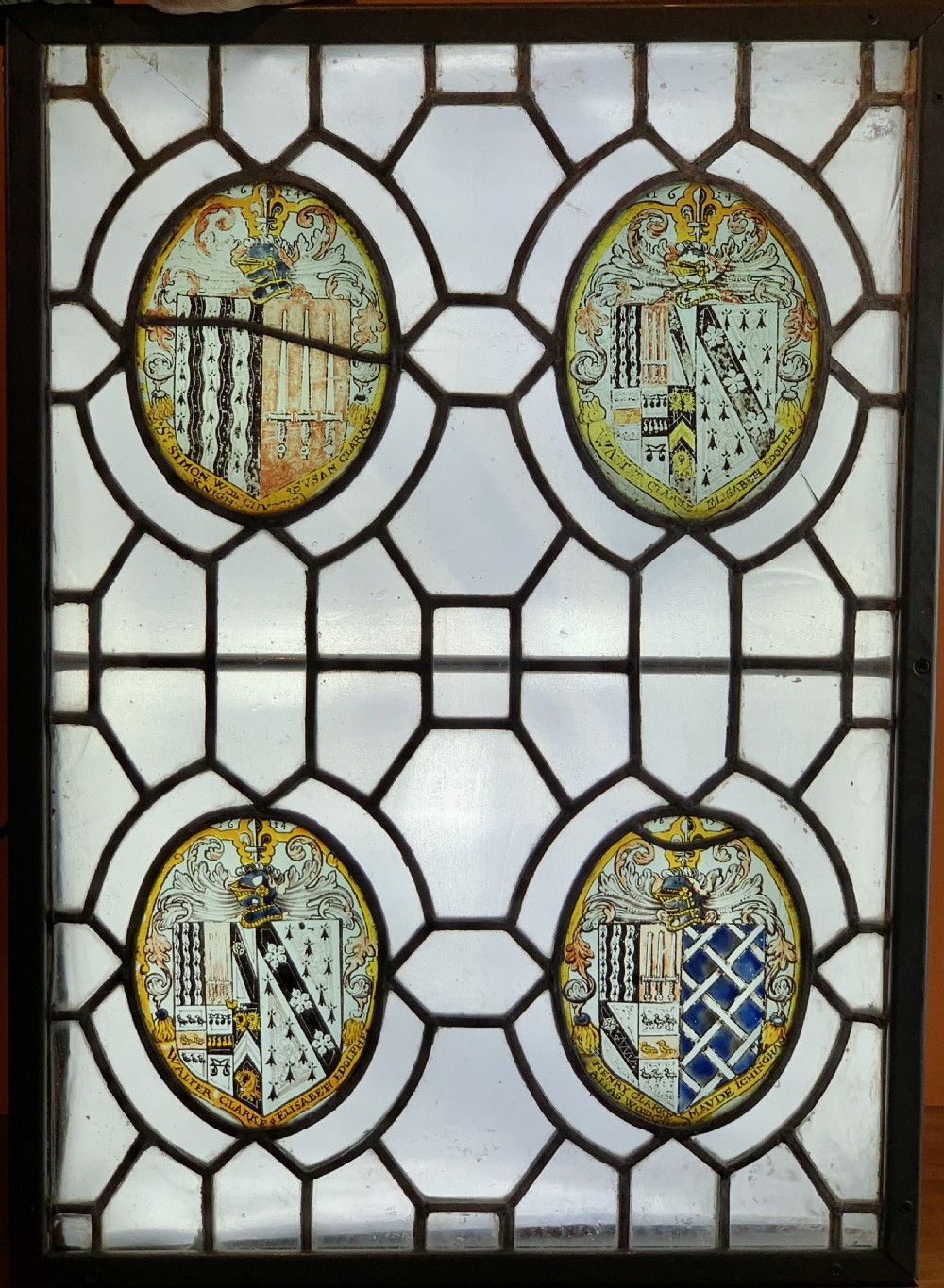 17th century armorial stained glass panel Clarke Woodchurch Kent dated 1614
