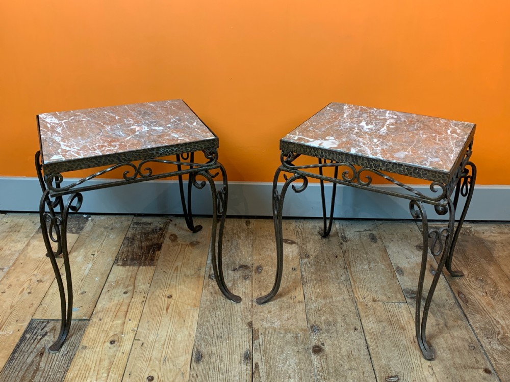 Pair of French Wrought Iron and Marble Side Tables View II