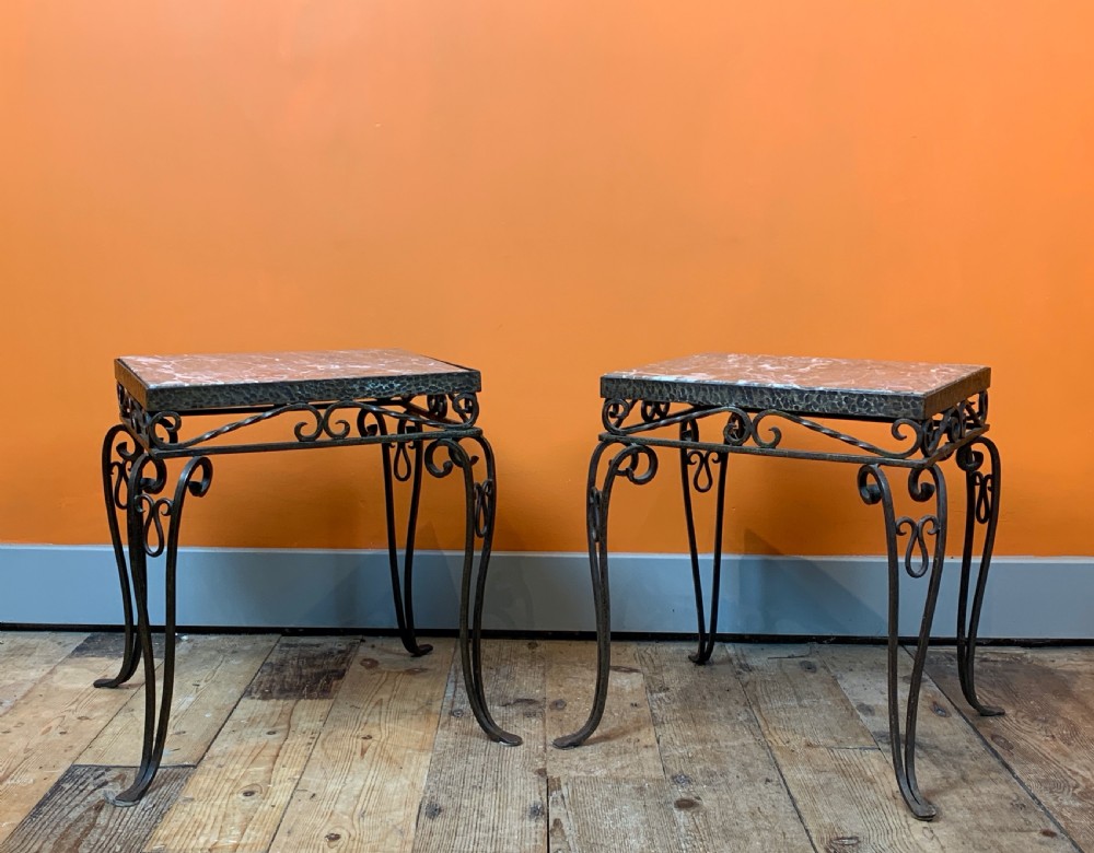 Pair of French Wrought Iron and Marble Side Tables View VI