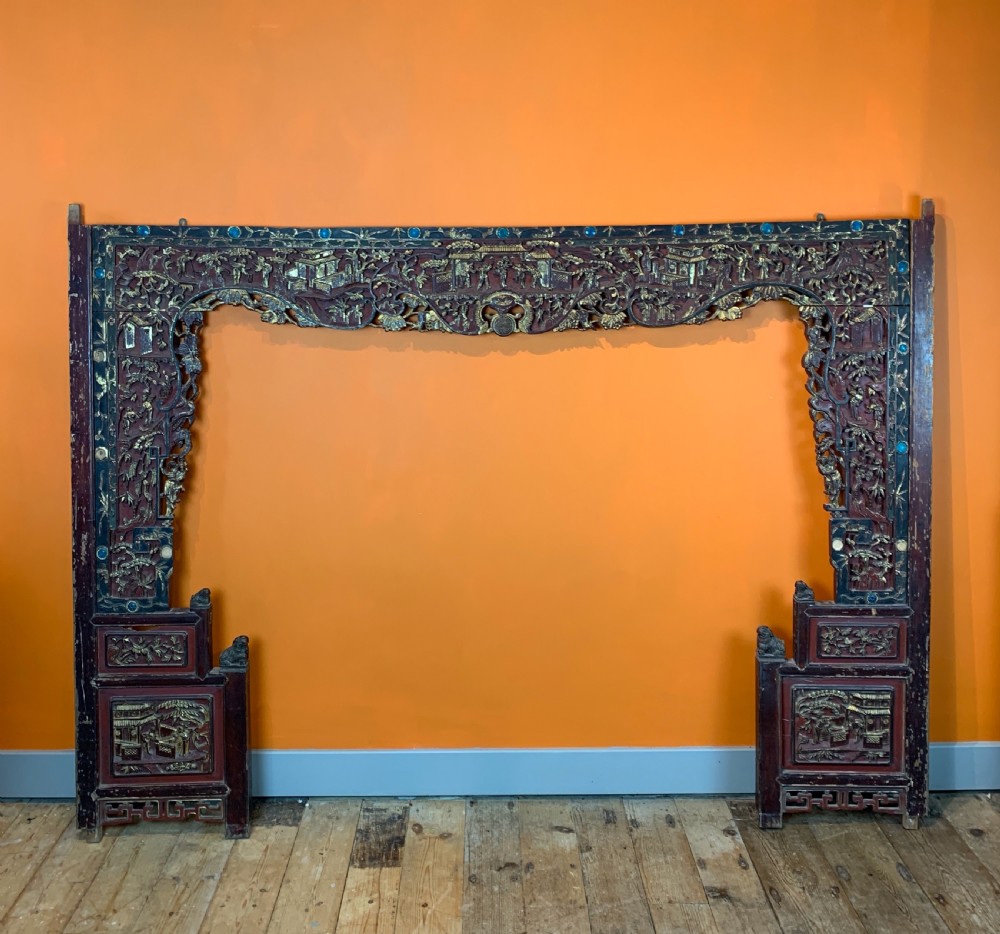 Antique Chinese carved & gilded opium bed facade View II
