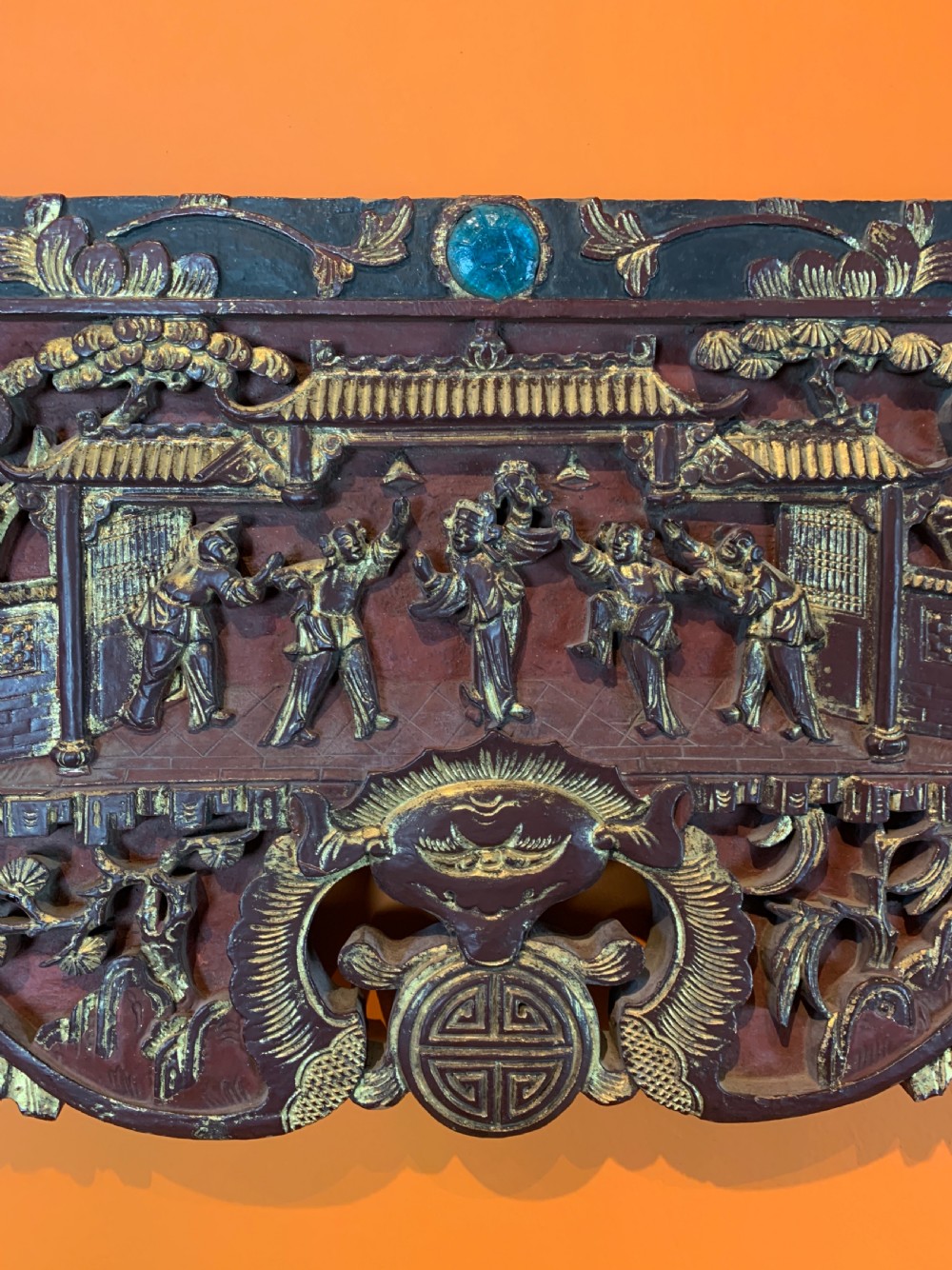 Antique Chinese carved & gilded opium bed facade View III