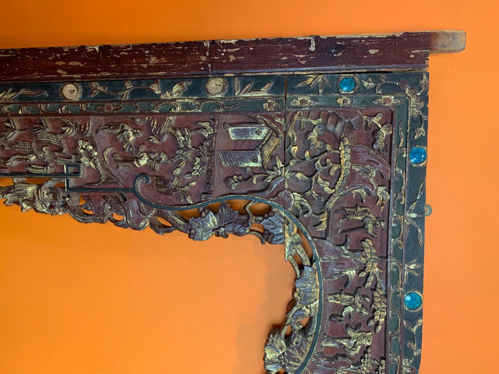 Antique Chinese carved & gilded opium bed facade View V