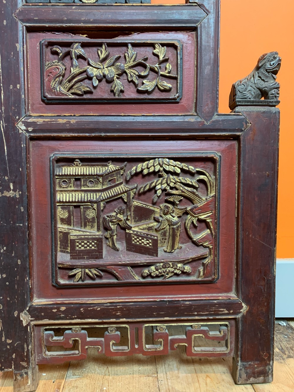 Antique Chinese carved & gilded opium bed facade View VI