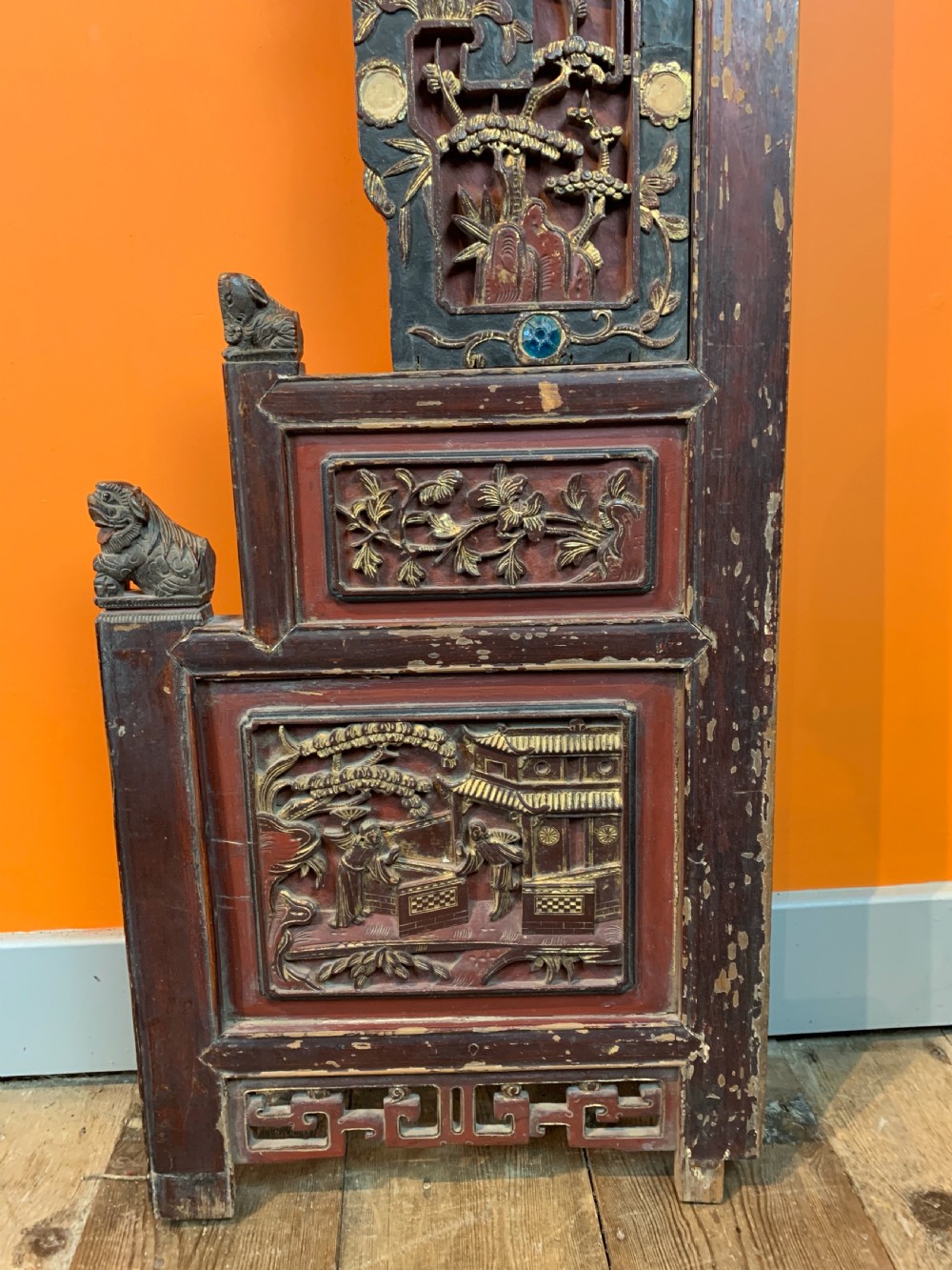 Antique Chinese carved & gilded opium bed facade View VII