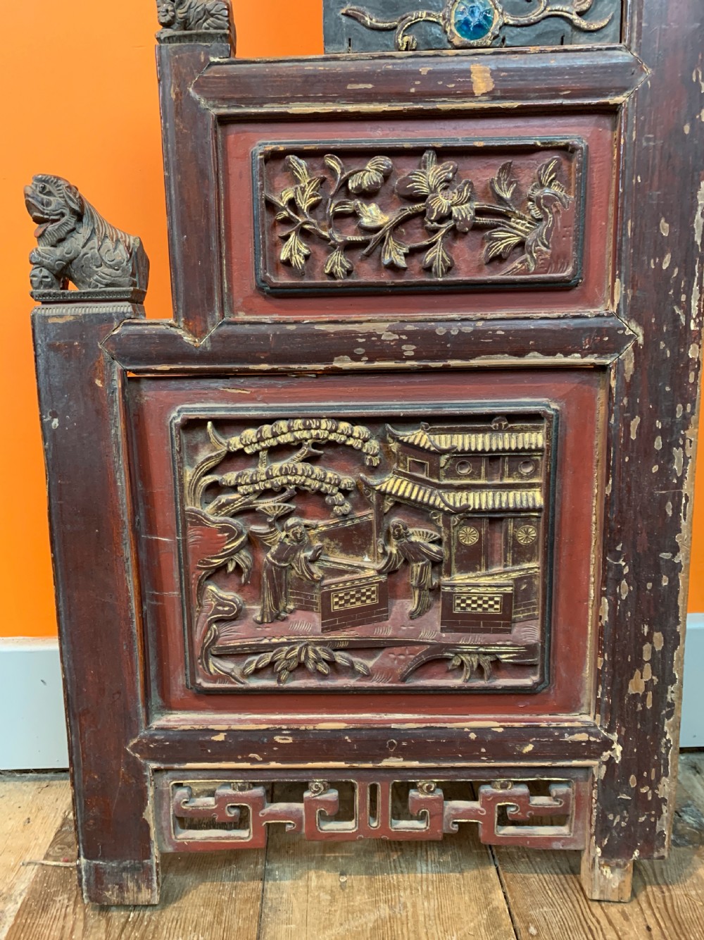 Antique Chinese carved & gilded opium bed facade View VIII